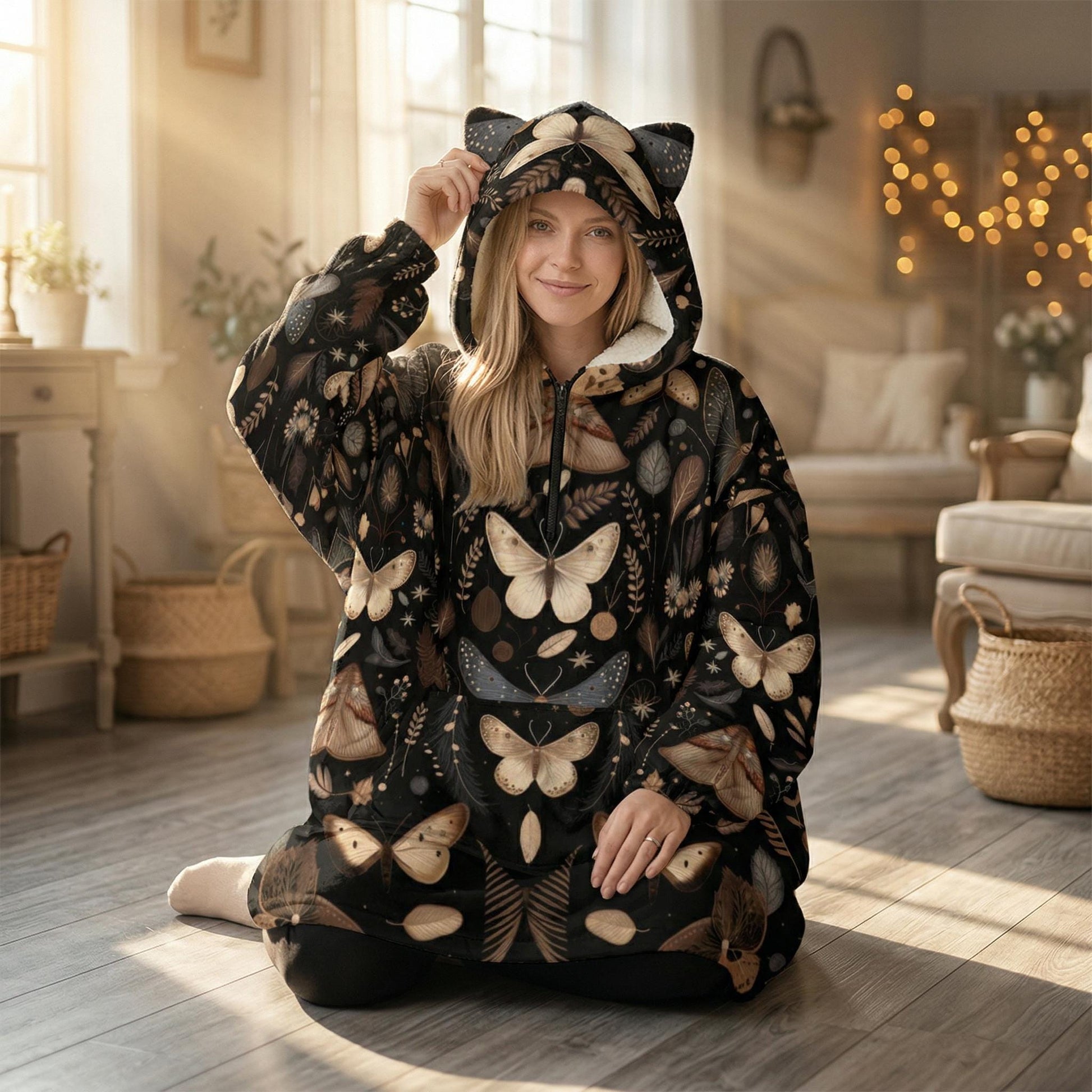Wearable Blanket Hoodie with Cat Ears, Moth Butterfly Print, Dark Cottagecore Gift
