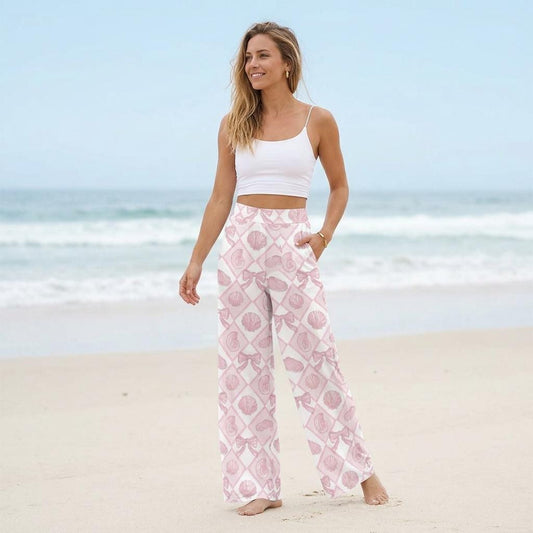 Coquette Shell Palazzo Pants, Pink Bow Beach Trousers, Wide Leg Resort Vacation Pants