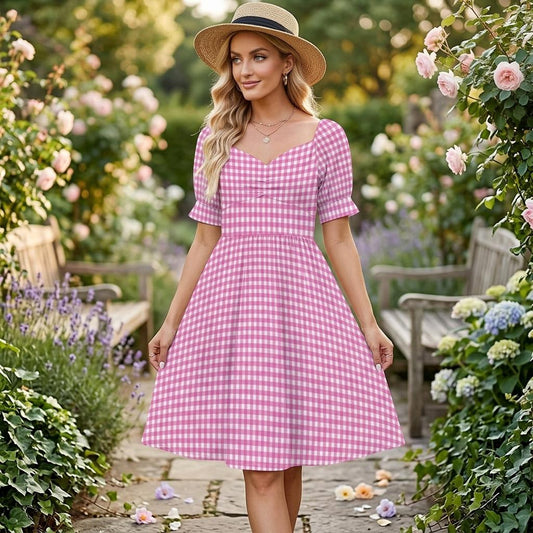 Tiny Check Pink Dress, Gingham Summer Brunch Outfit, Romantic Picnic Girlcore Look, Cottagecore Midi Puff Sleeve Dress, Pink Soft Style