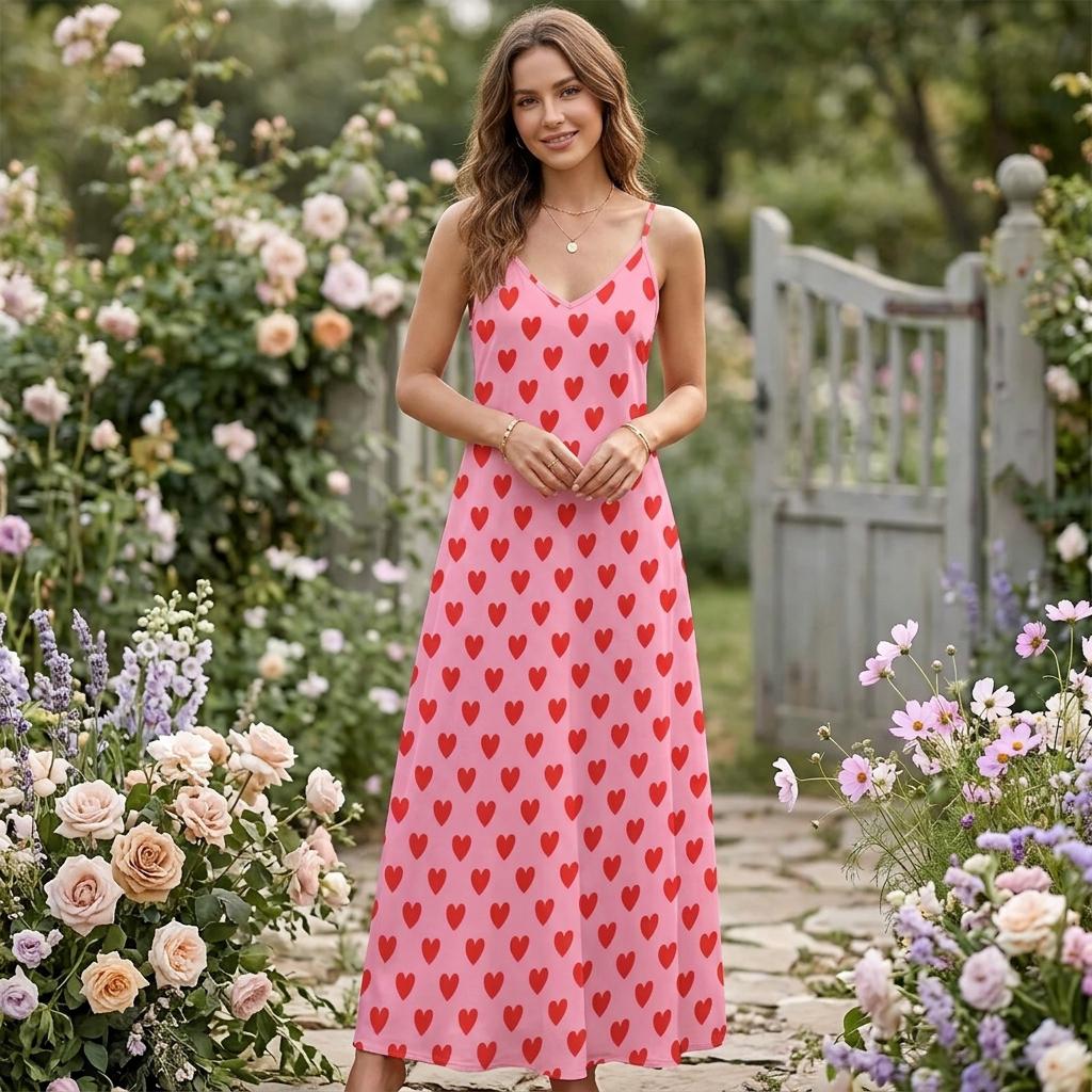 Pink Heart Maxi Dress, Soft Girl Valentine's Outfit, Y2K Cottagecore Summer Slip Dress, Pastel Aesthetic Date Night Look, Kawaii Picnic Fit