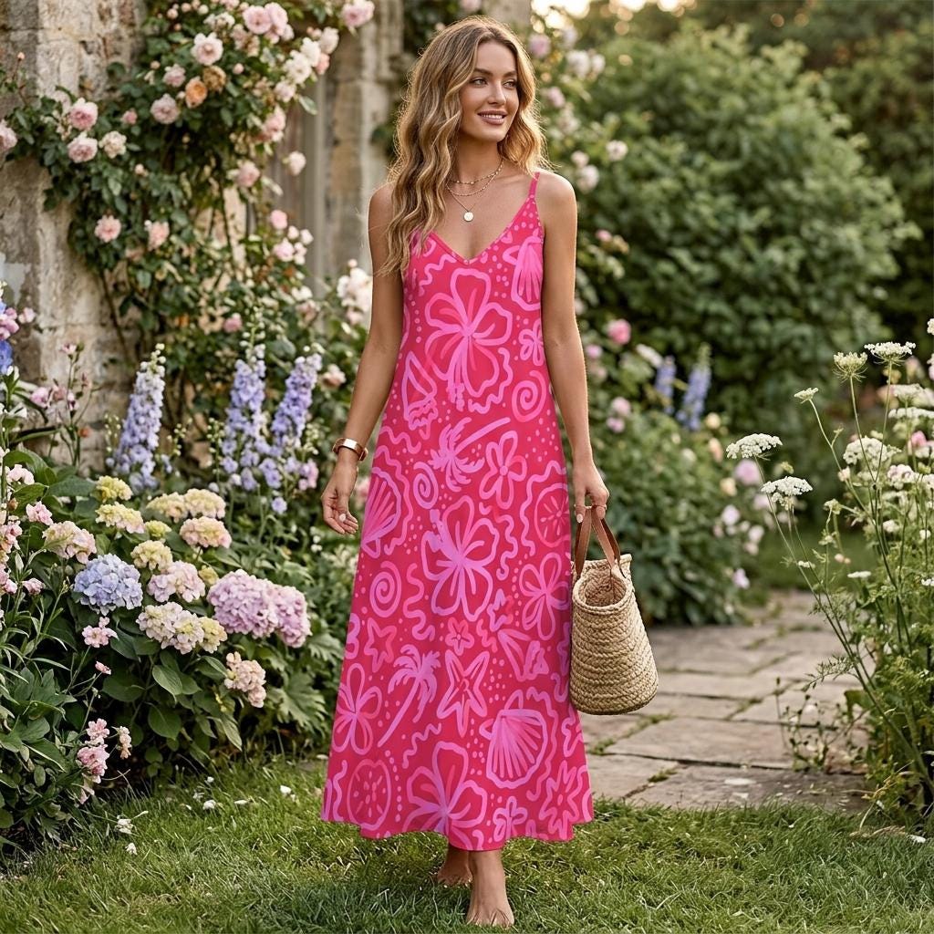 Hot Pink Tropical Maxi Dress, Y2K Floral Slip Dress, Boho Festival Beach Outfit, Summer Vacation Dress