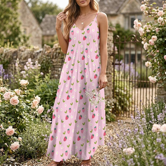 Strawberry Pink Maxi Dress, Cottagecore Dress with Daisies, Sweet Picnic Soft Girl Outfit, Fairycore Aesthetic Summer Look, Kawaii Style