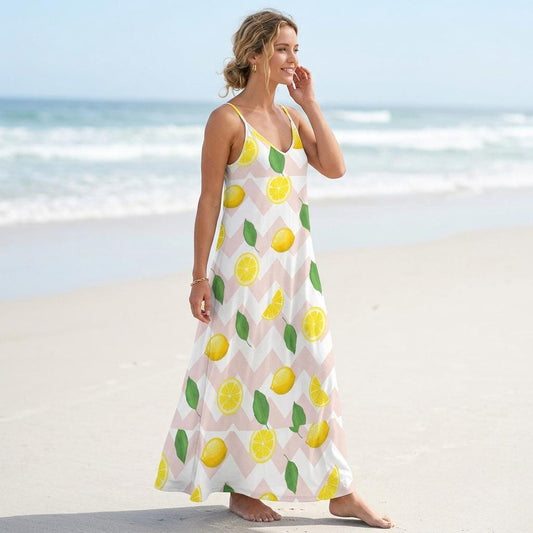 Lemon Print Maxi Dress, Cottagecore Sundress, Summer Vacation Outfit, Chevon Fruit Pattern, Soft Girl Style