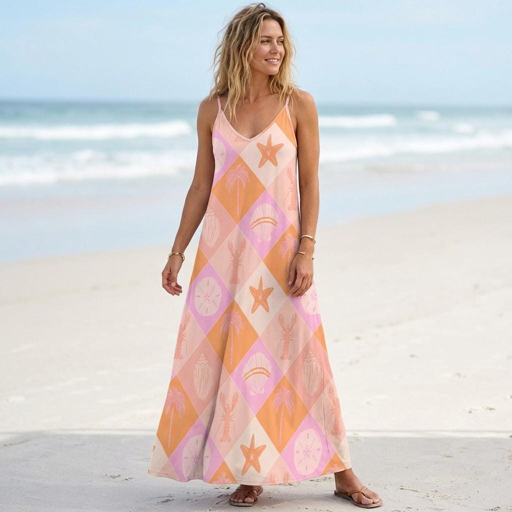 Pastel Beachcore Maxi Dress, Coastal Vibes Summer Dress, Y2K Soft Girl Aesthetic Sundress, Pink Ocean Shell Dress, Mermaidcore Outfit