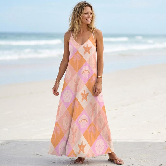 Pastel Beachcore Maxi Dress, Coastal Vibes Summer Dress, Y2K Soft Girl Aesthetic Sundress, Pink Ocean Shell Dress, Mermaidcore Outfit