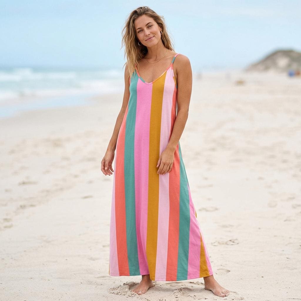 Pastel striped dress, dopamine rainbow look, pink aesthetic outfit, retro sundress for dopamine dressing, colorful cottage picnic wear