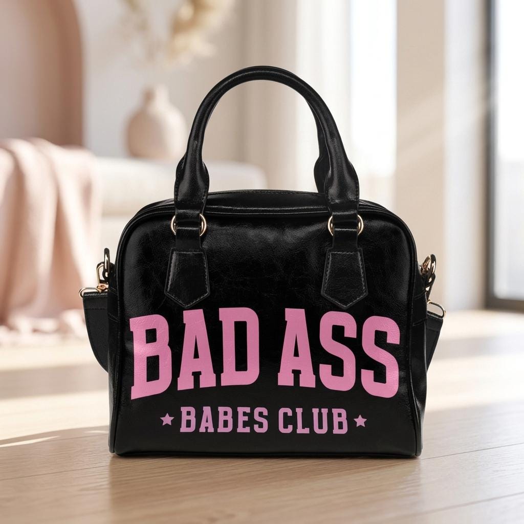 Badass Babes Club Black Statement Handbag, Pink Slogan Bowler Bag, Edgy Baddie Purse