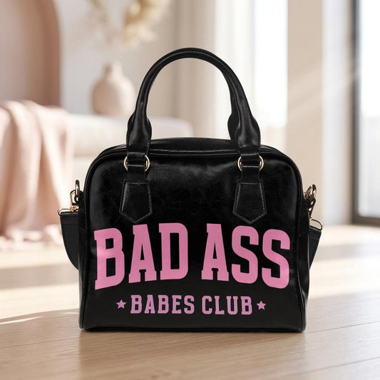 Badass Babes Club Black Statement Handbag, Pink Slogan Bowler Bag, Edgy Baddie Purse