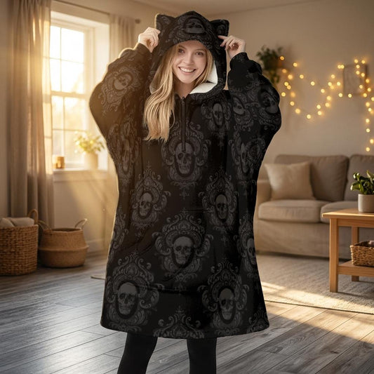 Cat Ear Hoodie Dress, Skull Damask Oversized Goth Hoodie, Cozy Alternative Loungewear