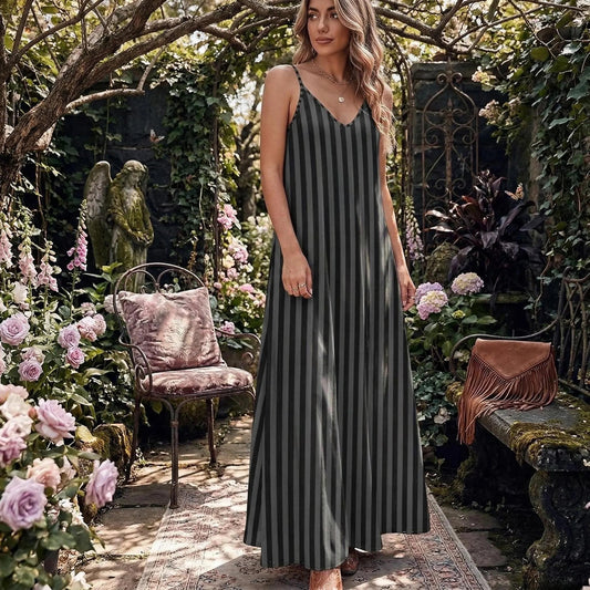 Black striped dress, gothic slip style maxi dress, dark aesthetic summer fashion, witchy long cami dress for edgy style lovers, alt wardrobe