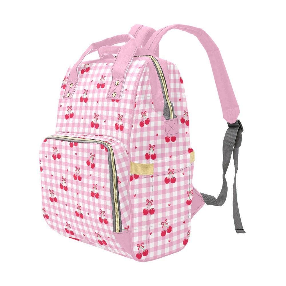 Cherry Diaper Bag Backpack, Pink Gingham Baby Travel Bag, Mom Backpack Organizer