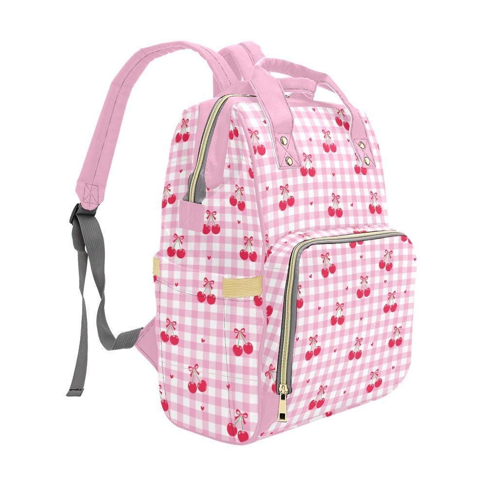 Cherry Diaper Bag Backpack, Pink Gingham Baby Travel Bag, Mom Backpack Organizer