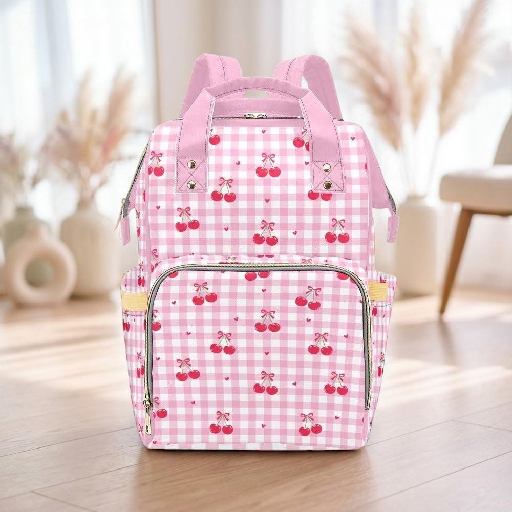 Cherry Diaper Bag Backpack, Pink Gingham Baby Travel Bag, Mom Backpack Organizer