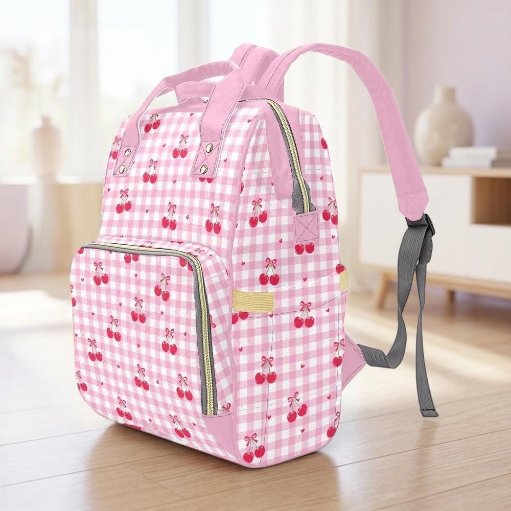 Cherry Diaper Bag Backpack, Pink Gingham Baby Travel Bag, Mom Backpack Organizer