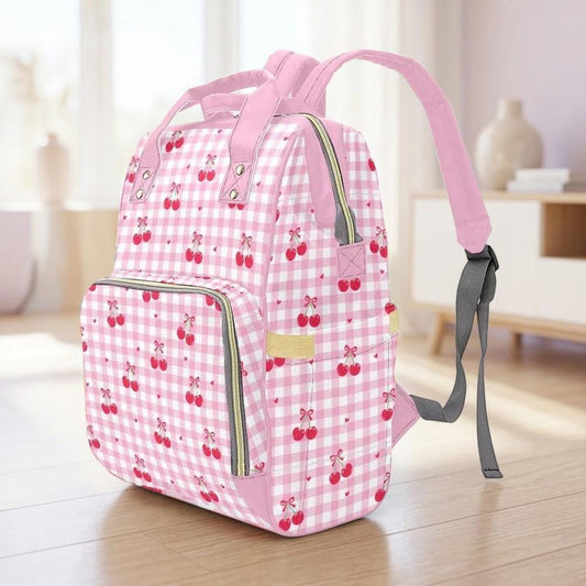 Cherry Diaper Bag Backpack, Pink Gingham Baby Travel Bag, Mom Backpack Organizer