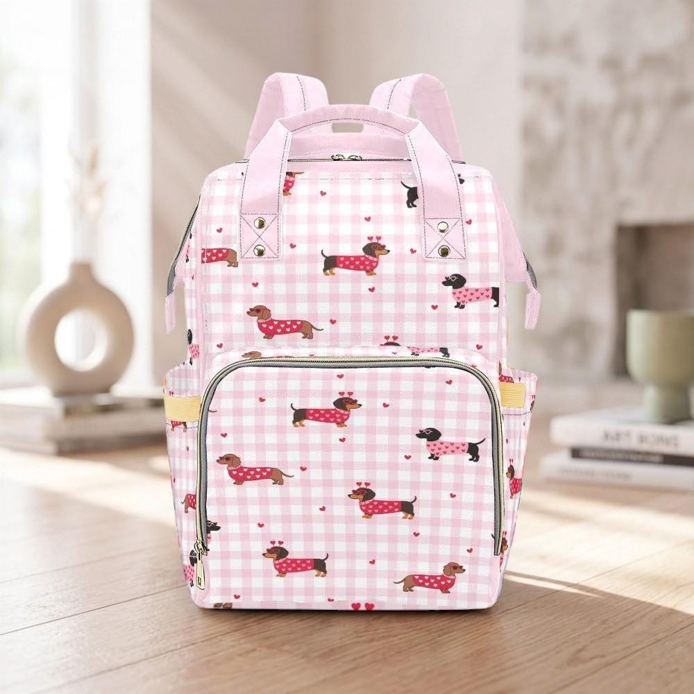 Dachshund Diaper Bag Backpack, Pink Gingham Baby Bag, Stroller Organizer
