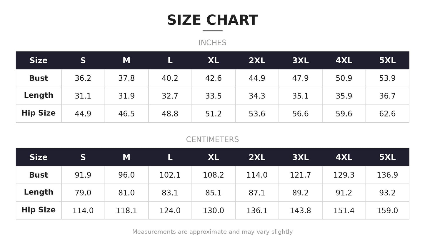 a size chart with measurements for bust, length, hip size, and waist. The chart provides the corresponding measurements in inches for each size category. The measurements are approximate and may vary slightly.