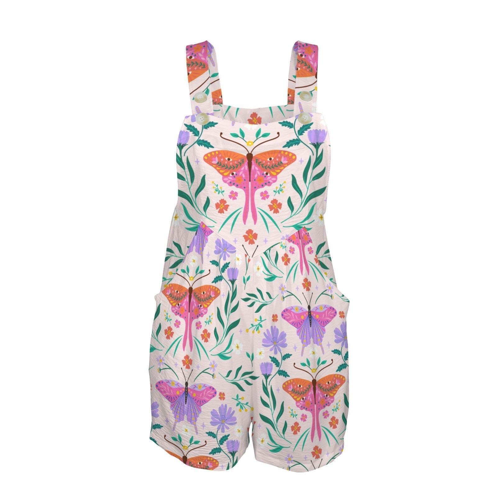 Folk Art Moth Romper, Whimsical Floral Shortalls, Cottage Garden Playsuit