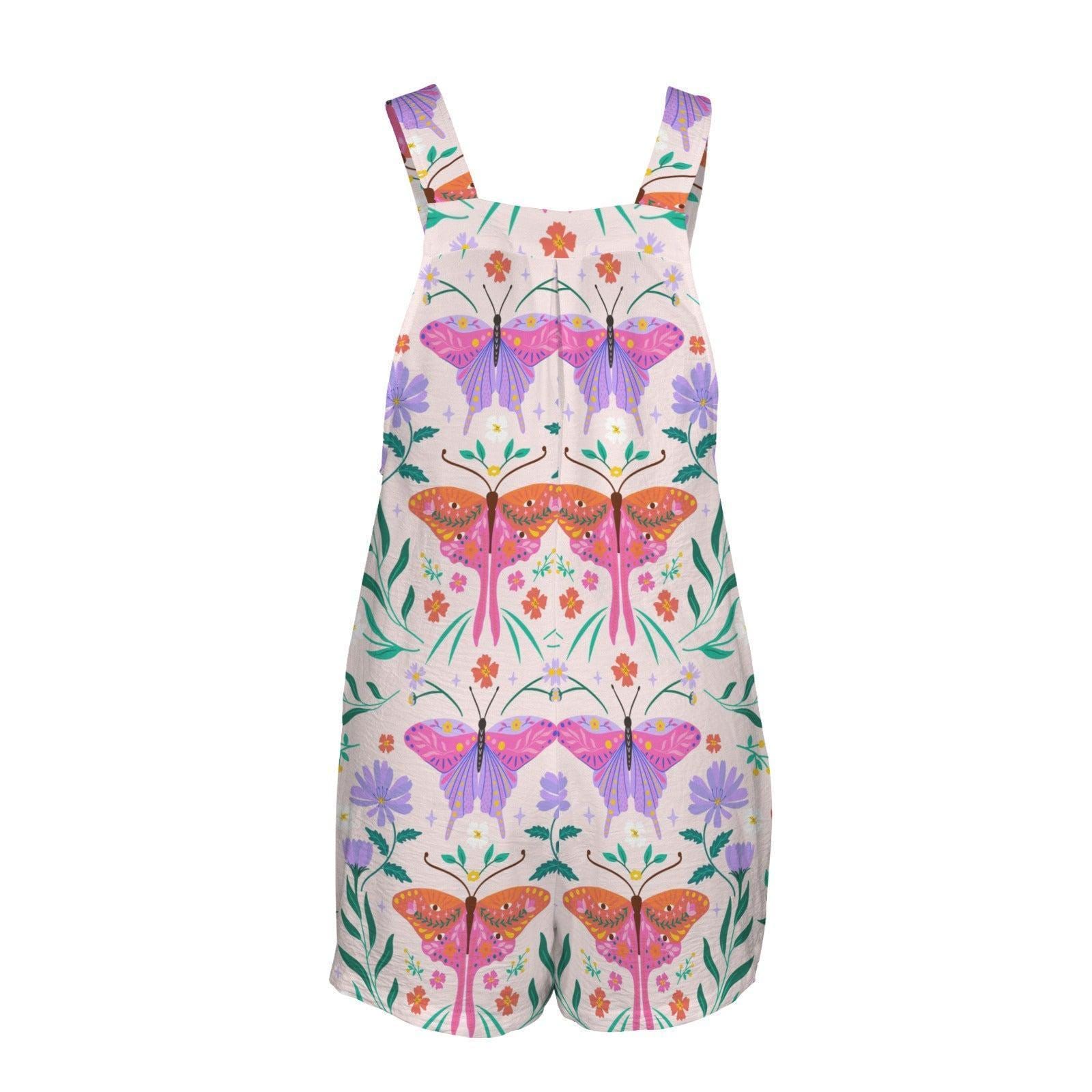 Folk Art Moth Romper, Whimsical Floral Shortalls, Cottage Garden Playsuit