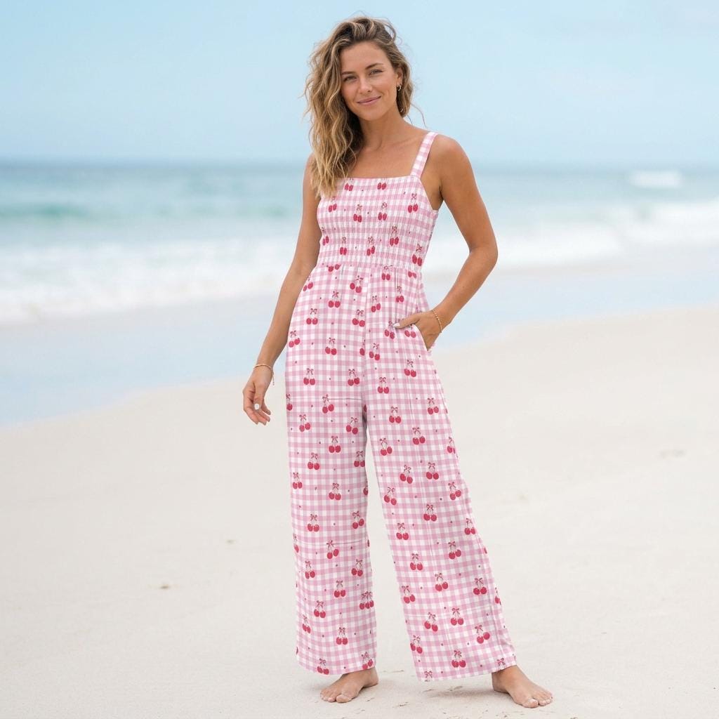 Cherry Print Wide Leg Jumpsuit with Pockets, Pink Gingham Coquette Summer Outfit