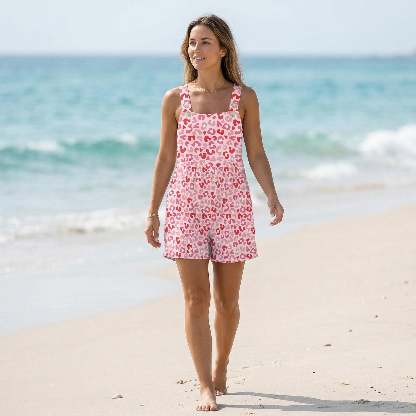 Pink Leopard Romper for Women, Summer Beach Shortalls, Cute Vacation Outfit