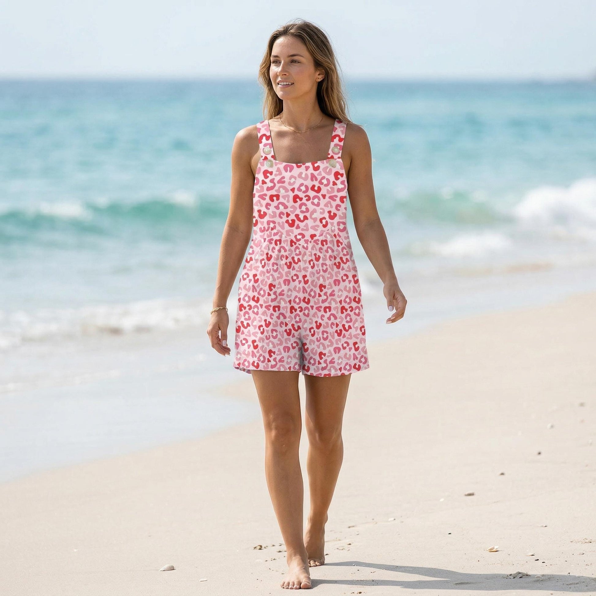 Pink Leopard Romper for Women, Summer Beach Shortalls, Cute Vacation Outfit