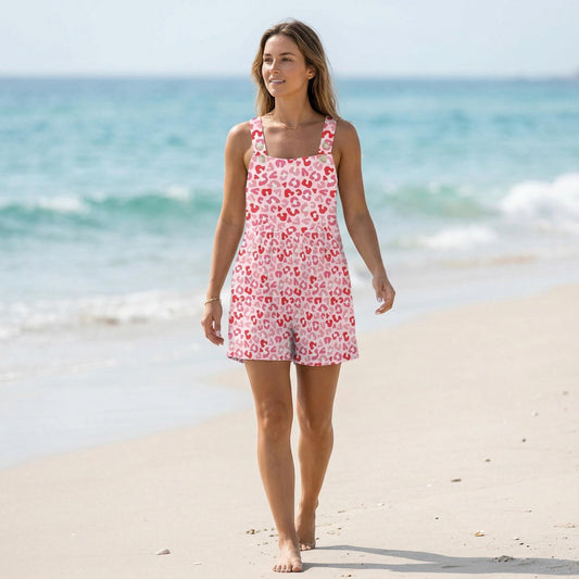 Pink Leopard Romper for Women, Summer Beach Shortalls, Cute Vacation Outfit