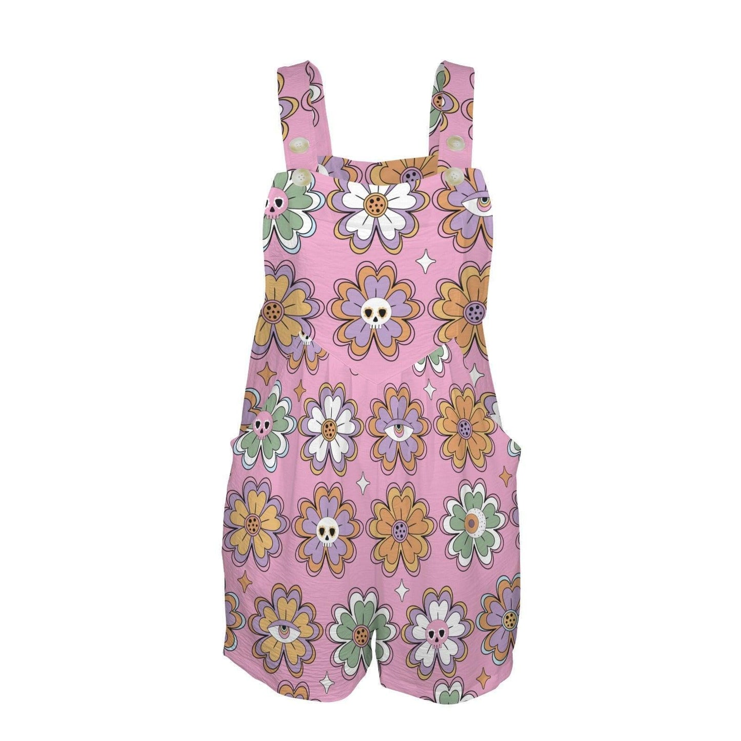 Pastel Goth Shortalls, Pink Skull Daisy Playsuit, Retro Floral Overall Romper