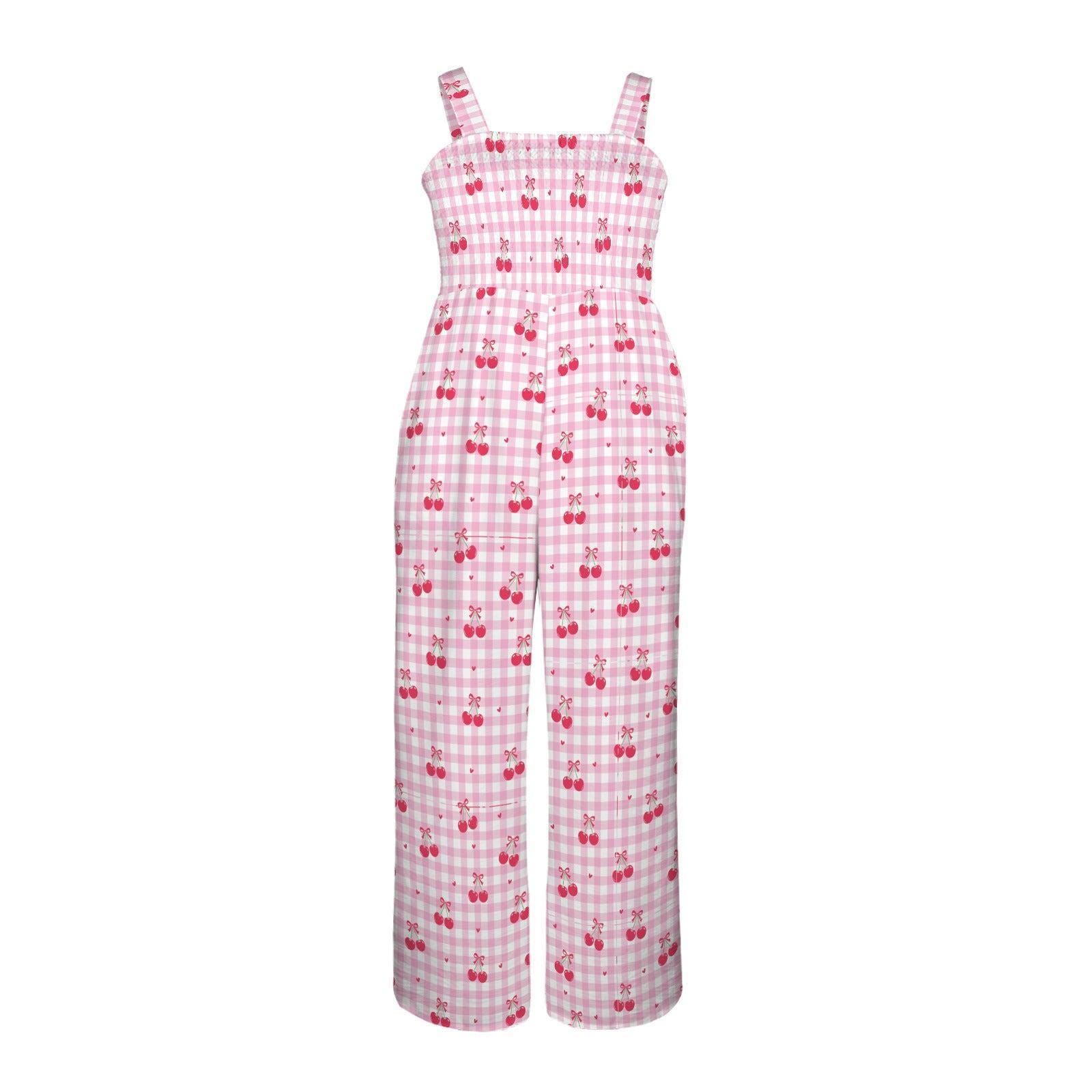 Cherry Print Wide Leg Jumpsuit with Pockets, Pink Gingham Coquette Summer Outfit