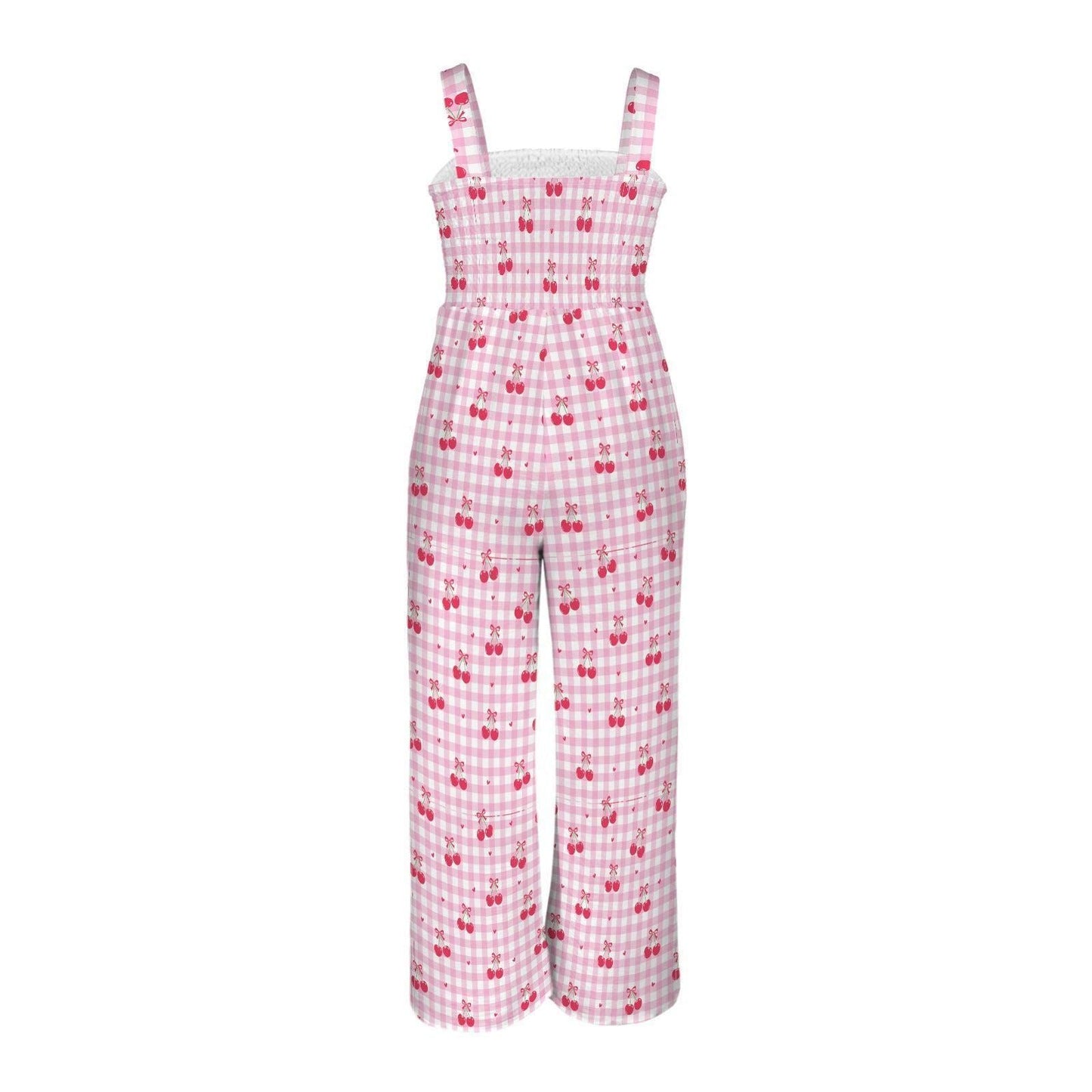 Cherry Print Wide Leg Jumpsuit with Pockets, Pink Gingham Coquette Summer Outfit