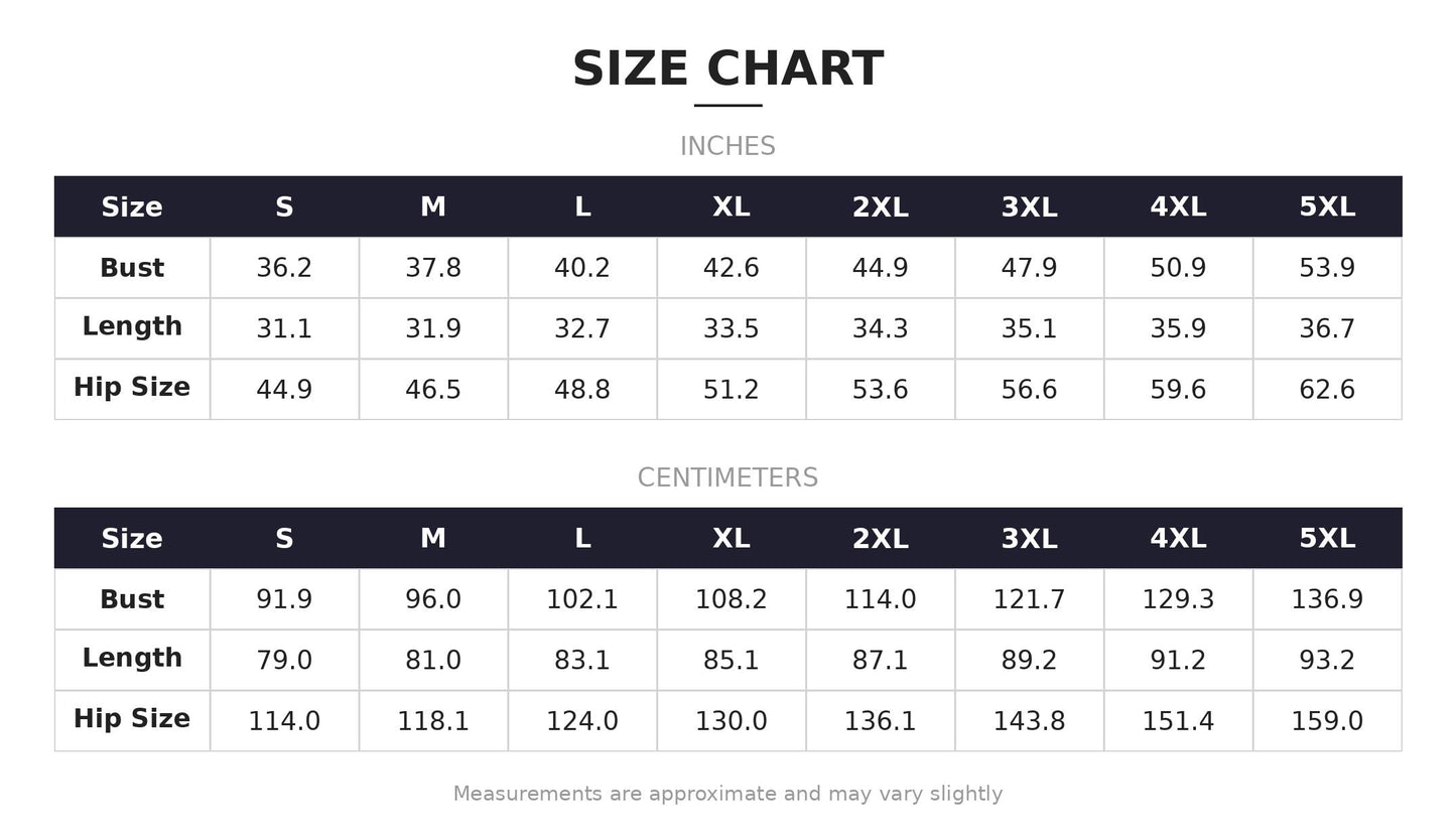 a size chart with measurements for bust, length, hip size, and waist. The chart provides the corresponding measurements in inches for each size category. The measurements are approximate and may vary slightly.