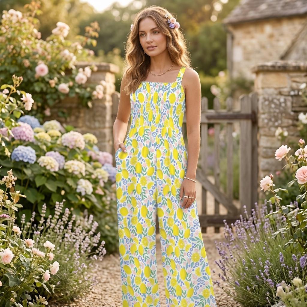 Lemon Print Wide Leg Jumpsuit, Citrus Summer Romper, Amalfi Coast Vacation Outfit