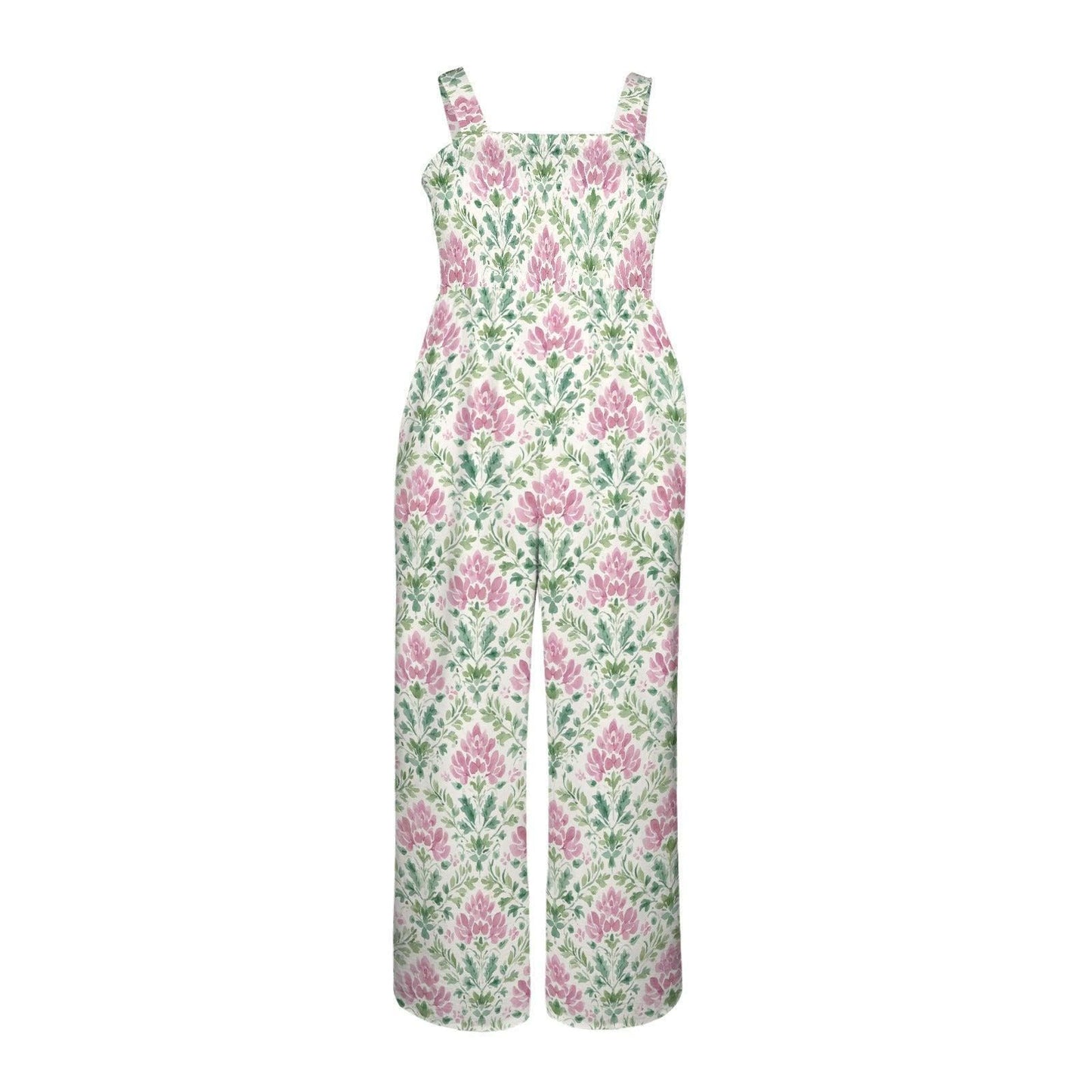 Floral Wide Leg Jumpsuit, Pink Green Botanical Print, Sleeveless Boho Resort Wear (Pockets)