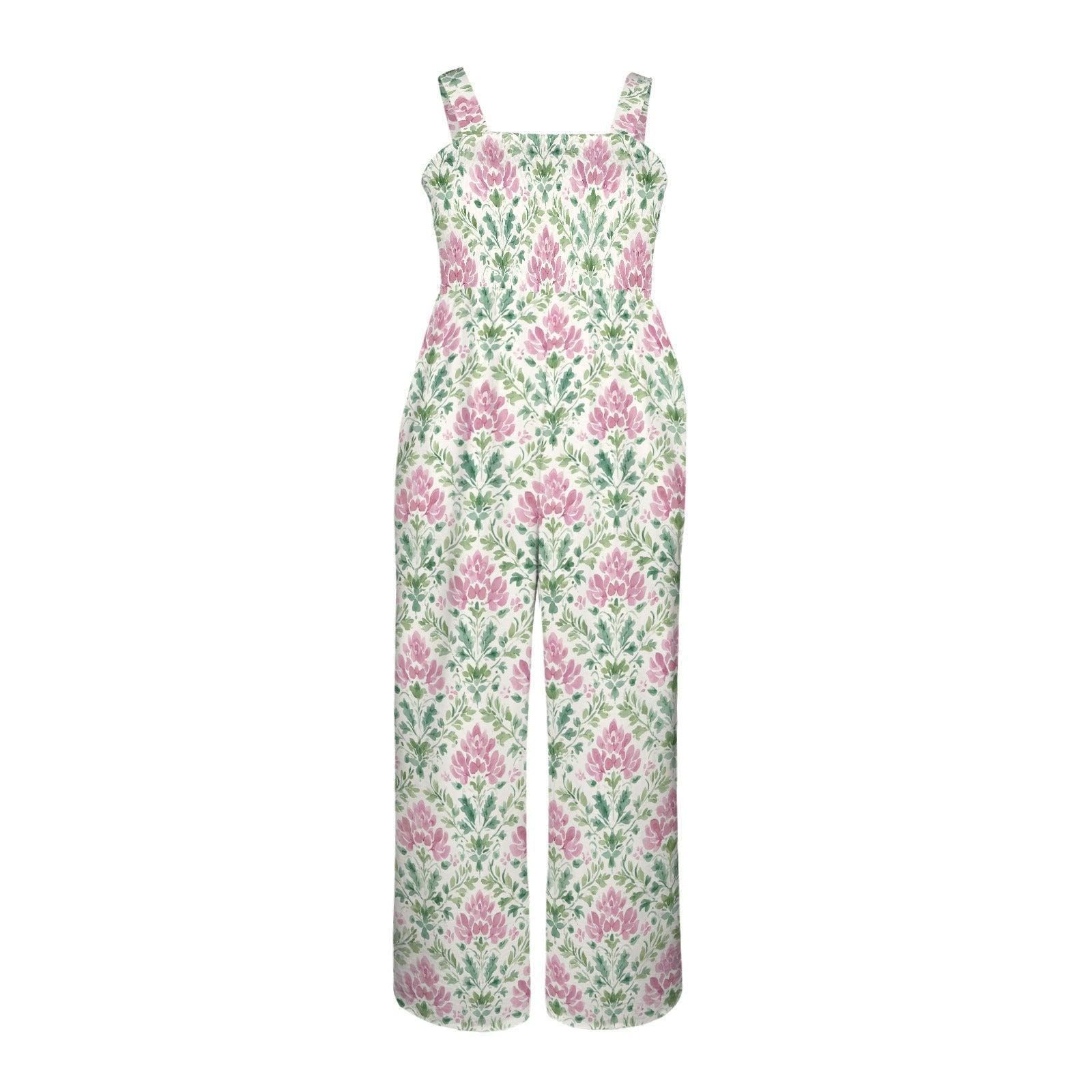 Floral Wide Leg Jumpsuit, Pink Green Botanical Print, Sleeveless Boho Resort Wear (Pockets)