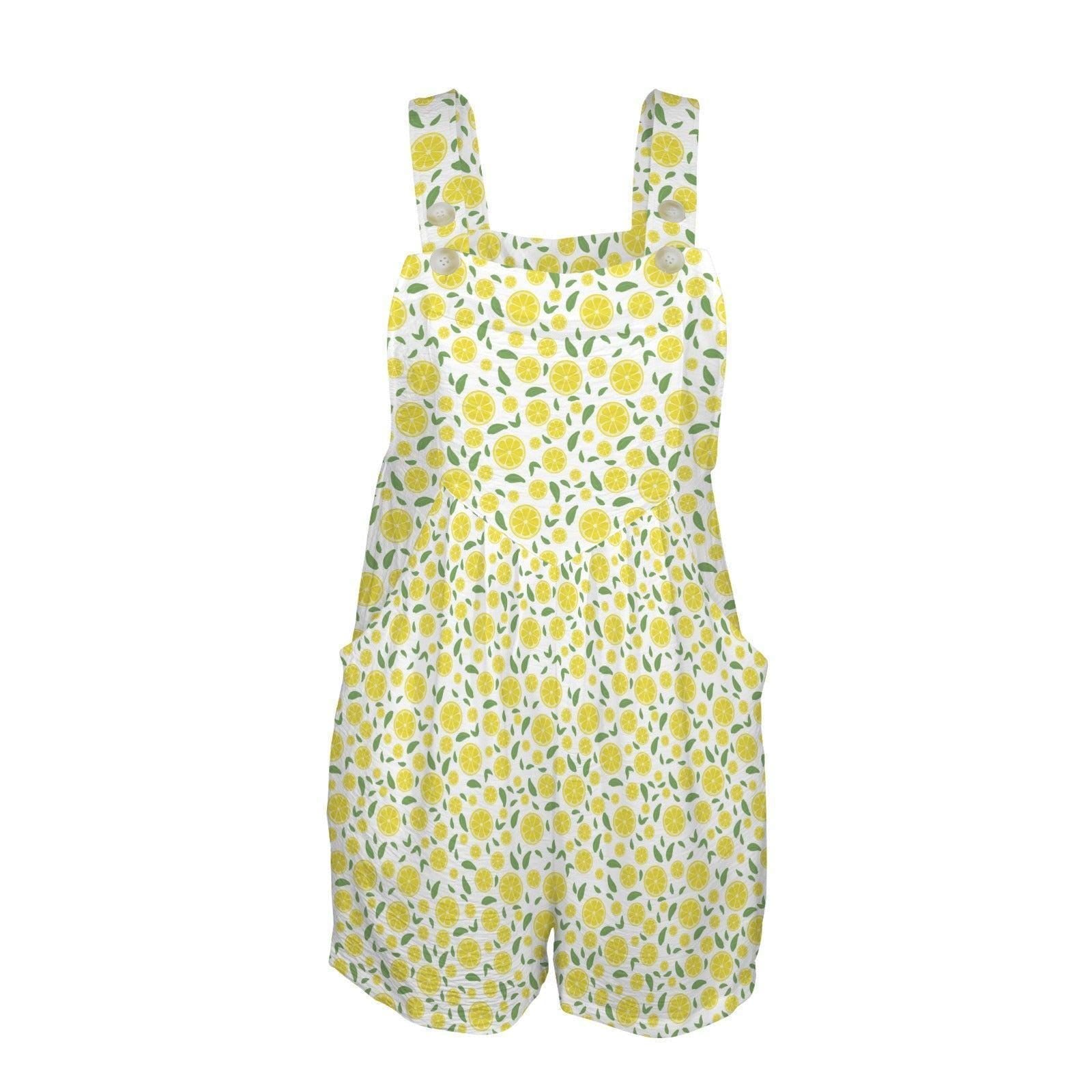 Lemon Print Shortalls for Women, Citrus Vacation Romper, Sunny Picnic Outfit