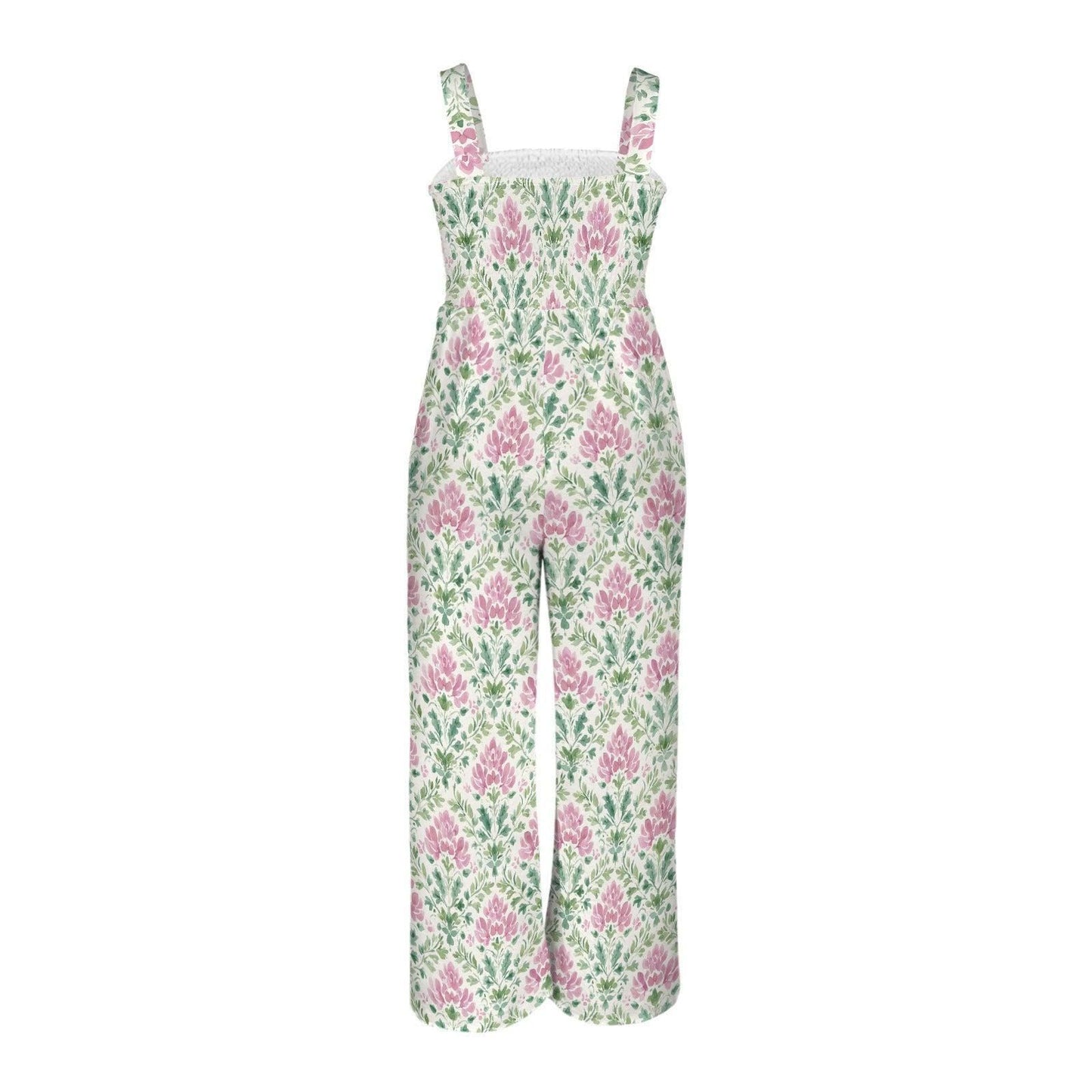 Floral Wide Leg Jumpsuit, Pink Green Botanical Print, Sleeveless Boho Resort Wear (Pockets)