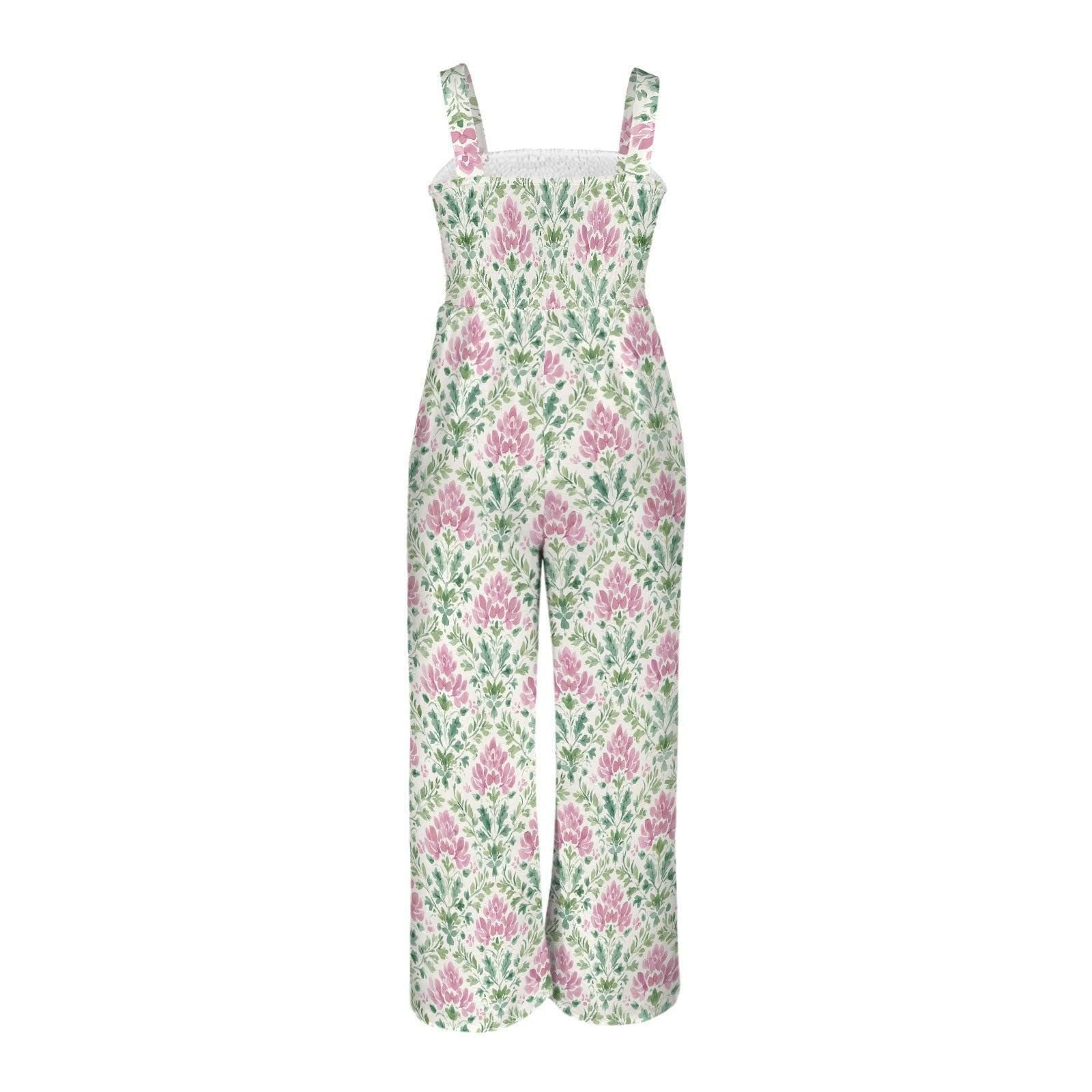 Floral Wide Leg Jumpsuit, Pink Green Botanical Print, Sleeveless Boho Resort Wear (Pockets)