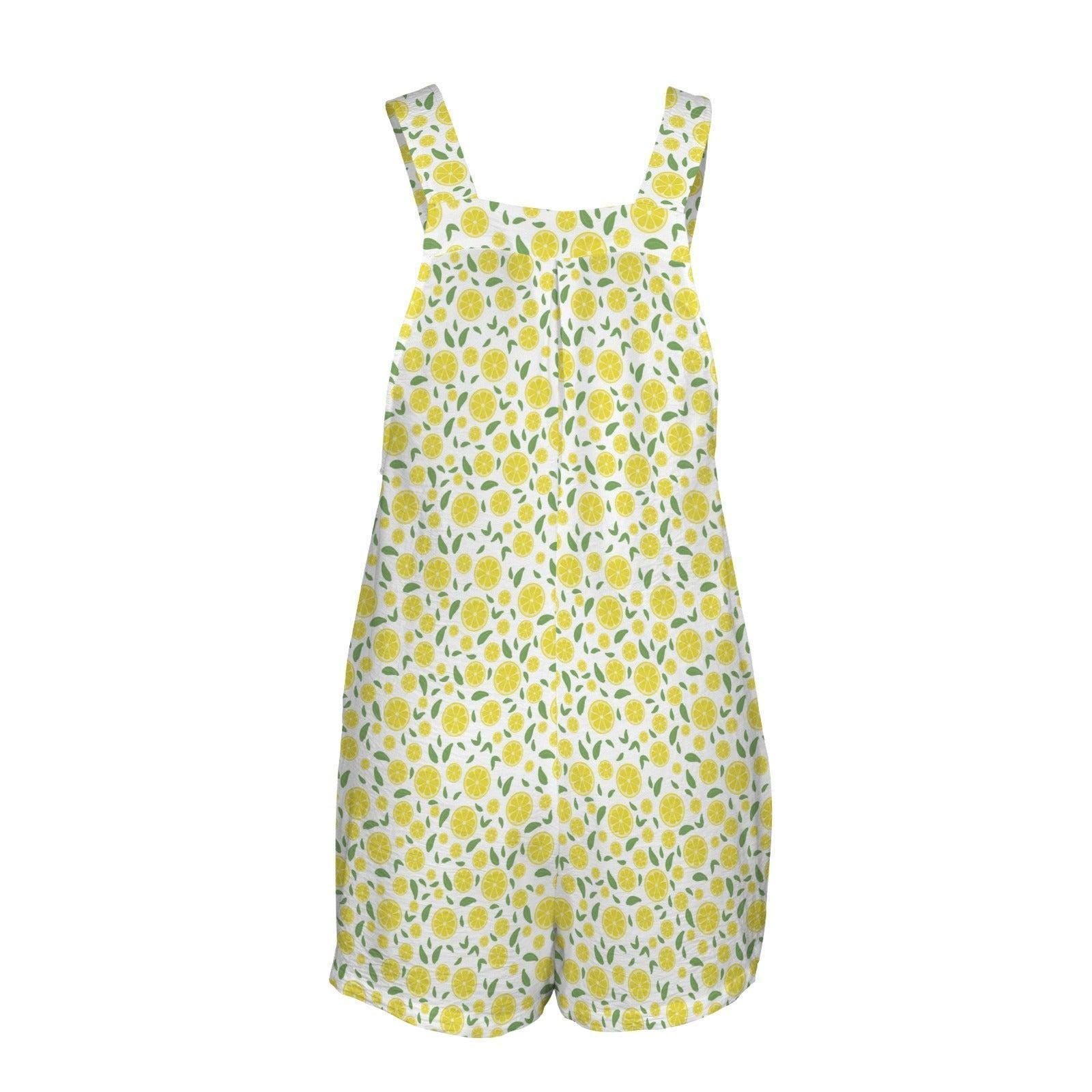 Lemon Print Shortalls for Women, Citrus Vacation Romper, Sunny Picnic Outfit