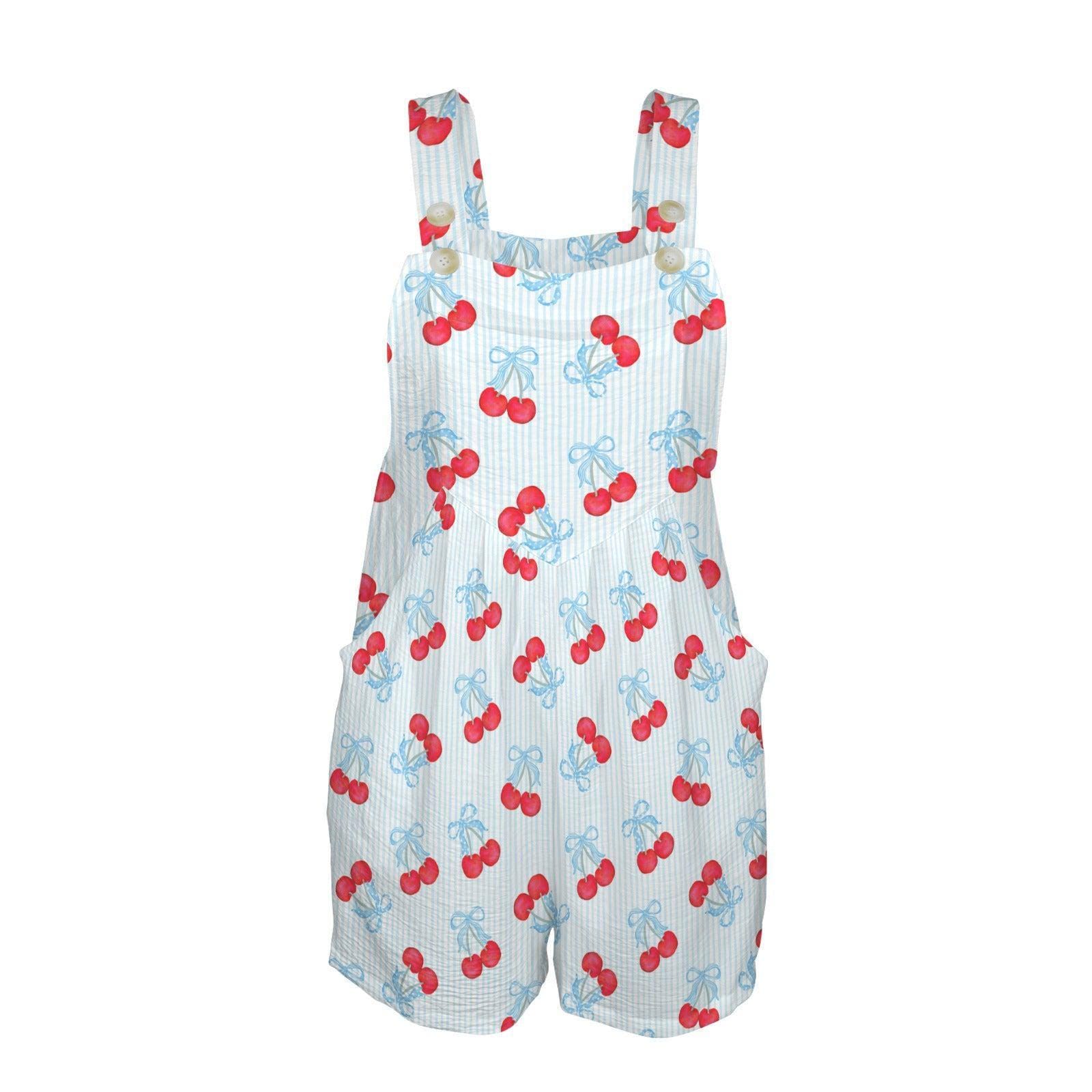 Cherry Print Romper for Women, Coquette Bow Shortalls Cute Picnic Outfit