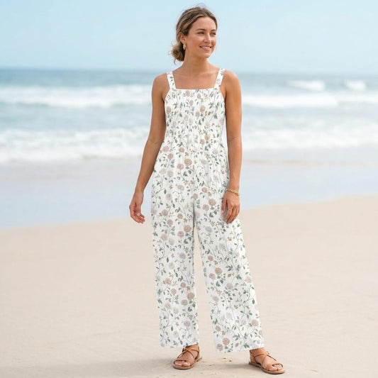 Neutral floral wide leg jumpsuit, vintage botanical garden party outfit, romantic rose vine print