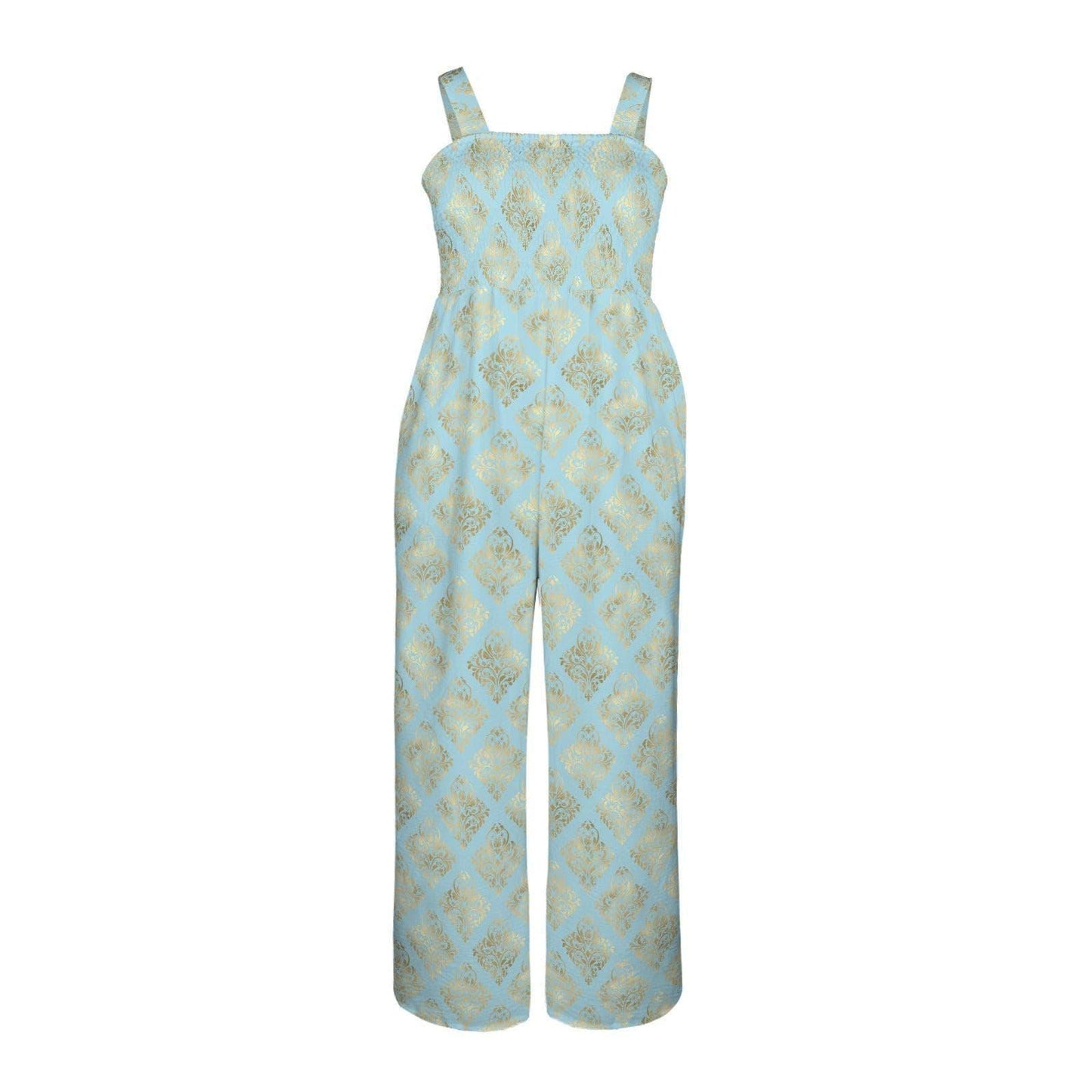 Wide Leg Resort Jumpsuit, Blue Baroque Palazzo Outfit, Mediterranean Vacation Wear