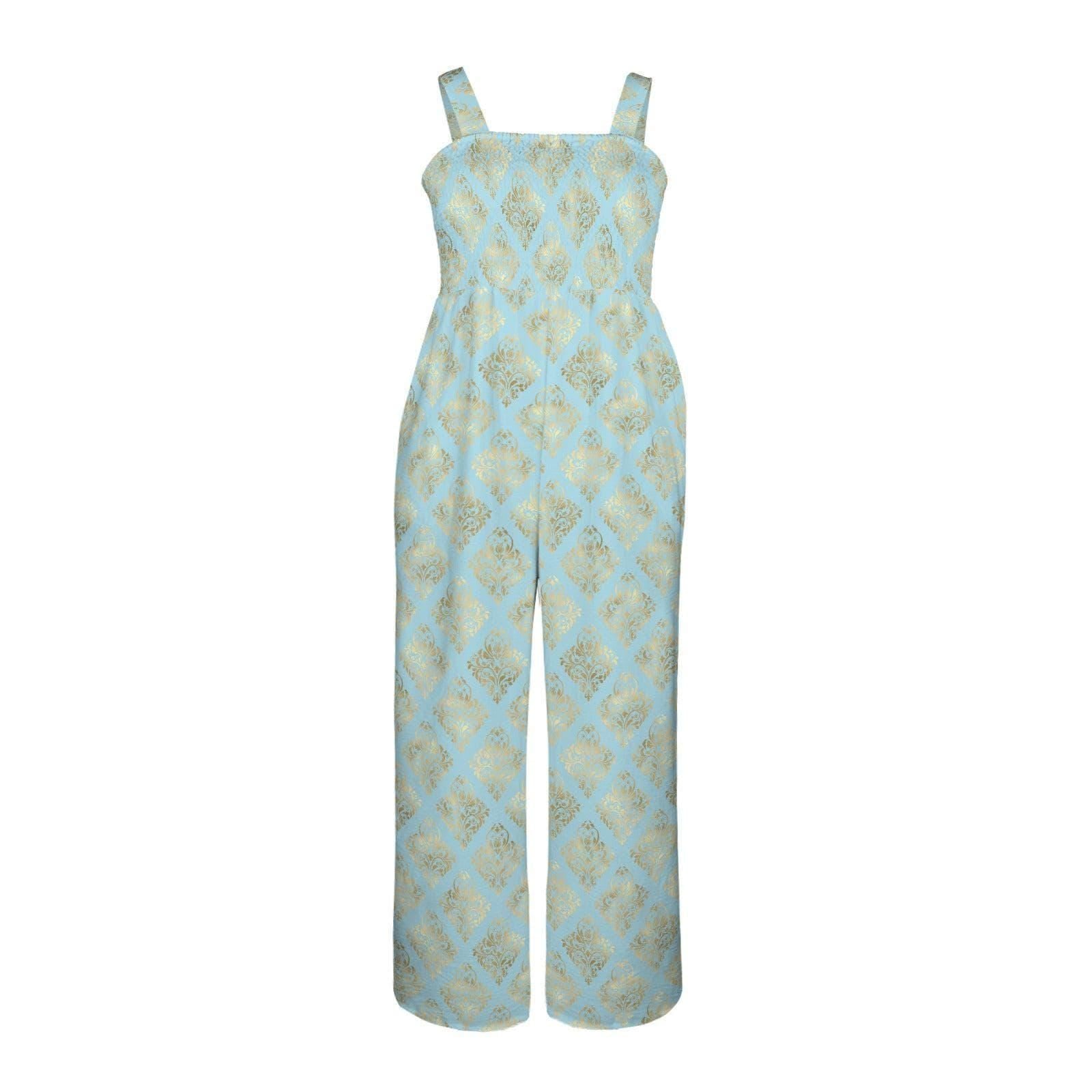 Wide Leg Resort Jumpsuit, Blue Baroque Palazzo Outfit, Mediterranean Vacation Wear