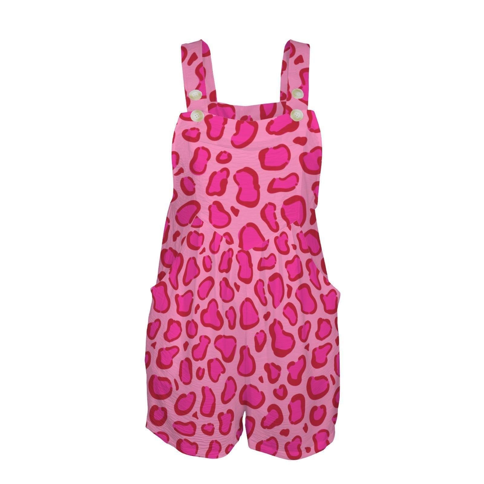 Pink Leopard Romper for Women, Animal Print Shortalls, Hot Pink Summer Playsuit