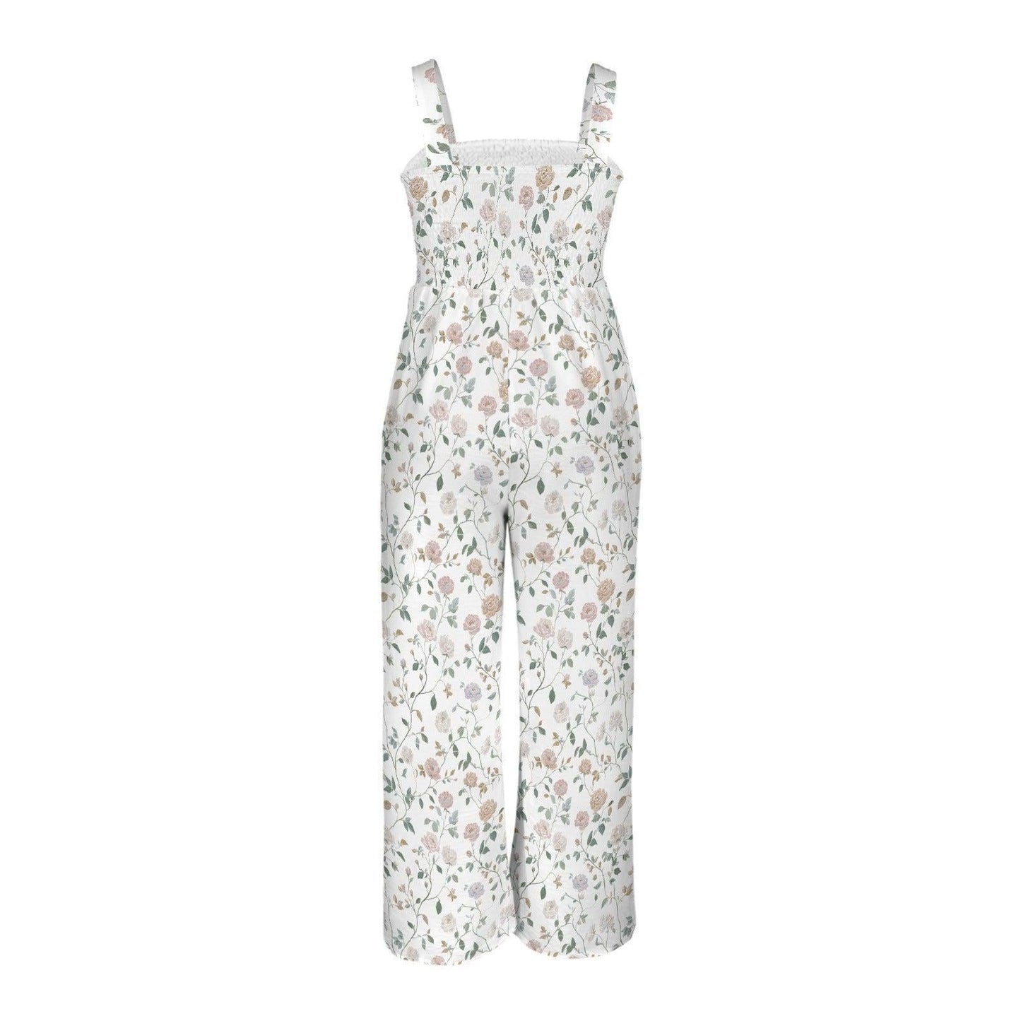 Neutral floral wide leg jumpsuit, vintage botanical garden party outfit, romantic rose vine print