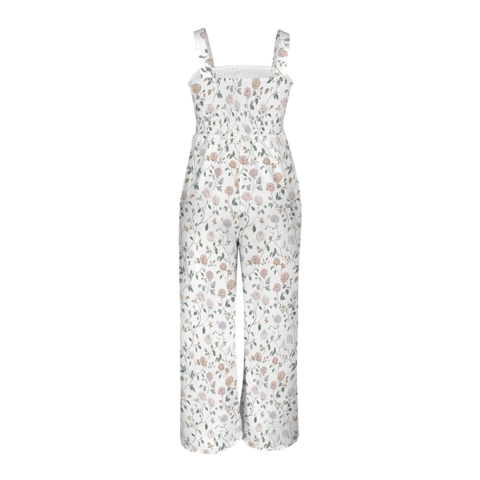 Neutral floral wide leg jumpsuit, vintage botanical garden party outfit, romantic rose vine print