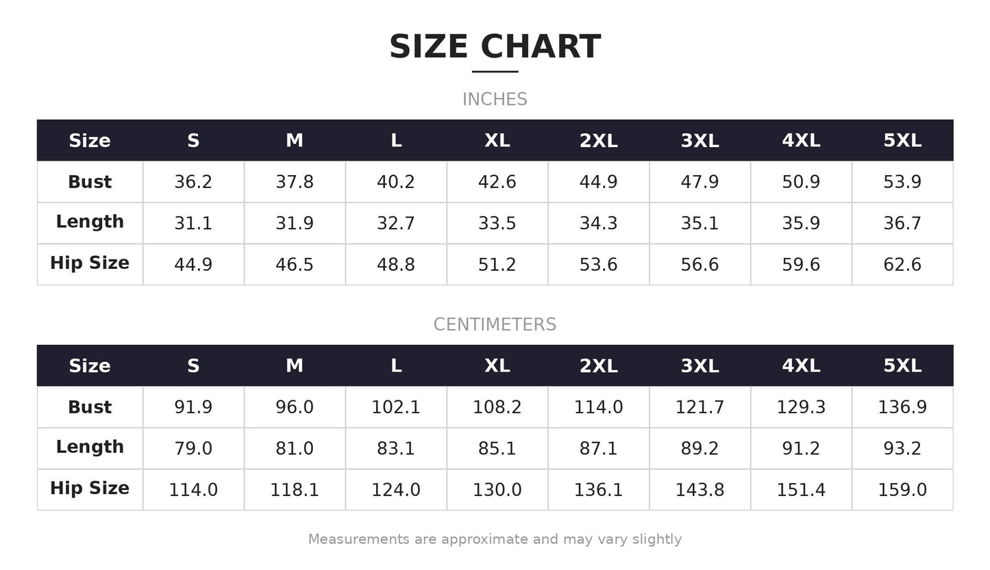 a size chart with measurements for bust, length, hip size, and waist. The chart provides the corresponding measurements in inches for each size category. The measurements are approximate and may vary slightly.