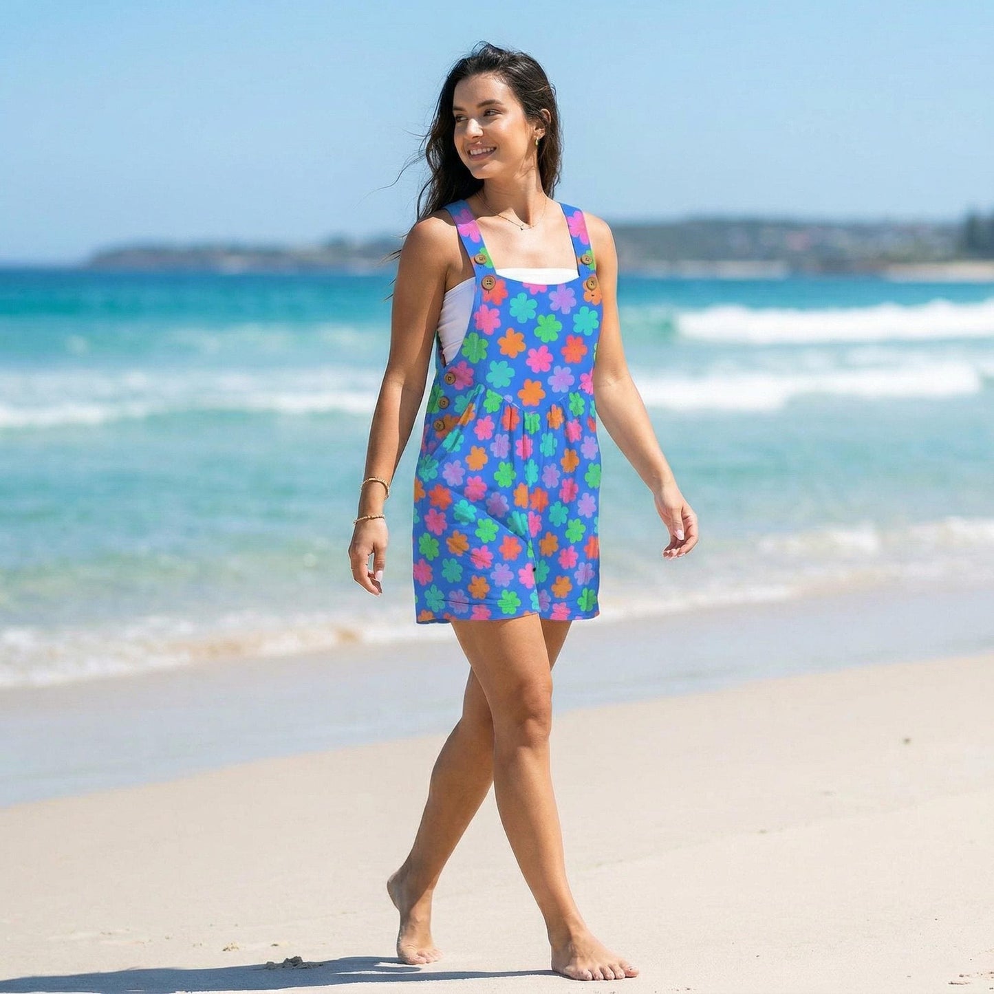 Groovy Flower Overall Romper for Women, Color Pop Festival Shortalls