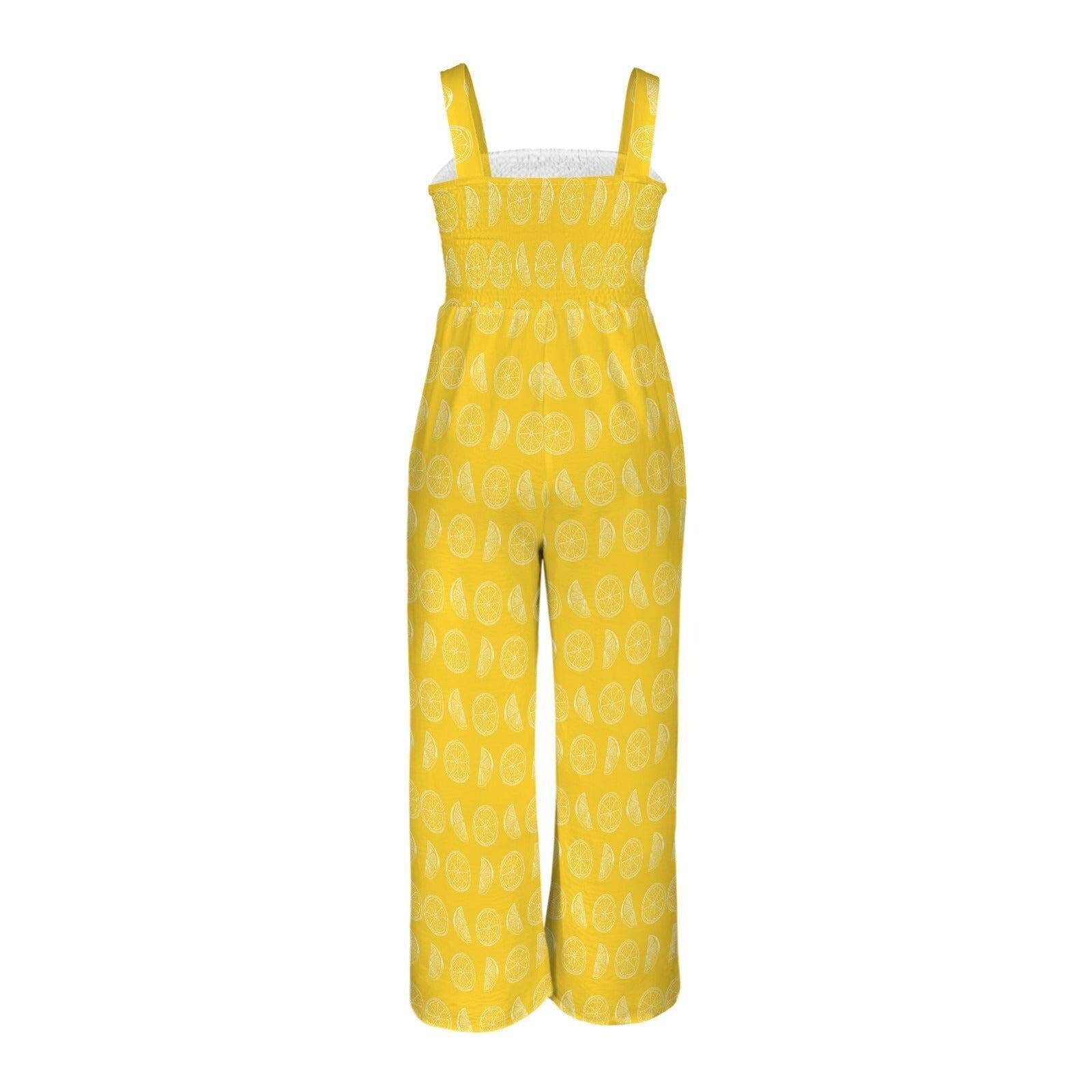 Lemon Print Jumpsuit, Sleeveless Wide Leg Resort Wear
