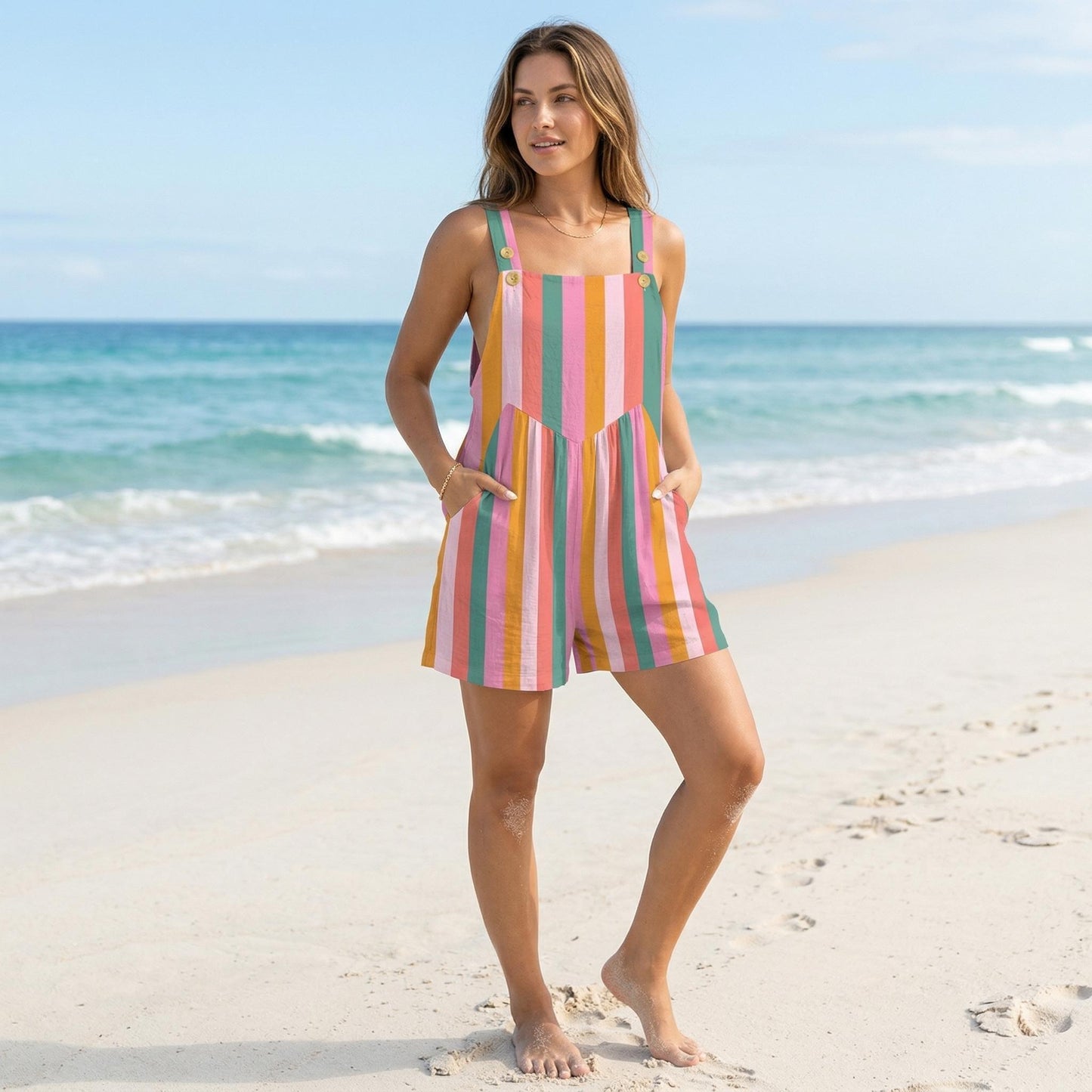 Striped Shortalls for Women, Rainbow Overall Romper, Coastal Summer Playsuit