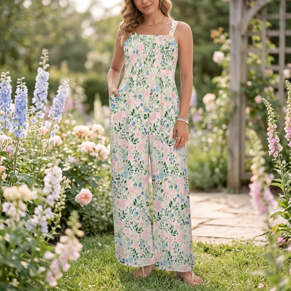 Floral Wide Leg Jumpsuit, Boho Summer Romper, Cottagecore Vibe, Lightweight Stretch, Sleeveless Square Neck, Nature-Inspired Fashion